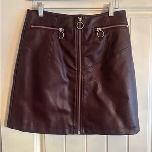 Burgundy Faux Leather Zip-Front Mini Skirt